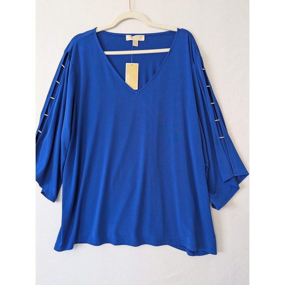 MICHAEL Michael Kors Royal Blue V Neck Cutout Sleeve Top 3X Jersey Knit New